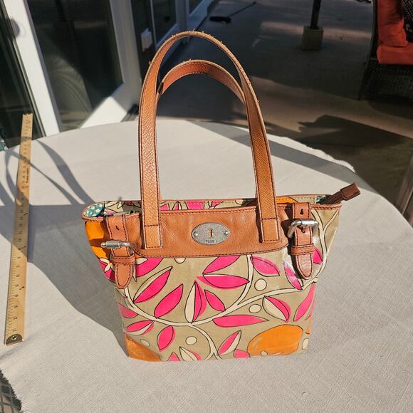 Vintage Fossil Key-Per Coated Canvas Fun Tan and Pink Print Medium Stachel Clean - Picture 4 of 13